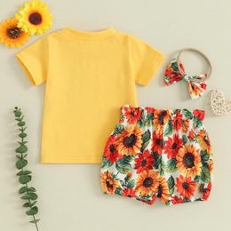 Clothing Sets Toddler Baby Girl Summer Outfits Letter Print Short Sleeve T-Shirts Tops Sunflower Shorts Headband 3Pcs Clothes Set