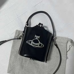 Womens Bucket Bag Small Patent Leather Black Crossbody Saturn Buckle Minority simplicity