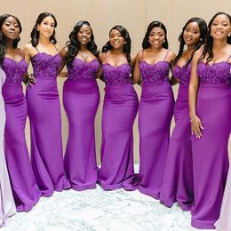 2024 Bridesmaid Dresses Purple Mermaid Plus Size Long Satin Lacec Appliques Crystal Beads Spaghetti Straps Maid Of Honour Wedding Guest Dress Floor Length