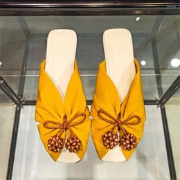 Slippers Bowknot Women Peep Toe Flat Shoes Ladies Summer Outside Printed Beach Slides Casual Bohemia Sandals Yellow Mules