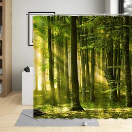 Shower Curtains Spring Forest Green Trees Curtain Natural Scenery View Sunlight Inject Background Home Bathroom With Hook Washable Fabric