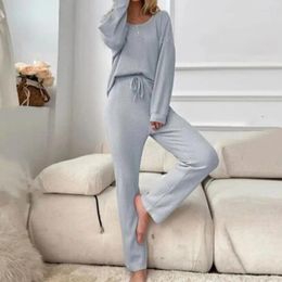 Home Clothing Women Pyjama Set O-neck Tops Wide Leg Pants Women's Solid Colour Waffle Texture Comfy Elastic Waist