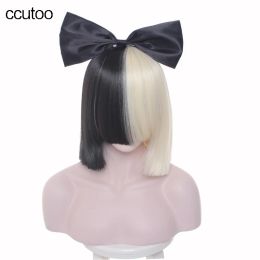 Wigs ccutoo 38cm Sia Female's Half black and blonde short bobo synthetic hair full bangs heat resistance cosplay wig+bow