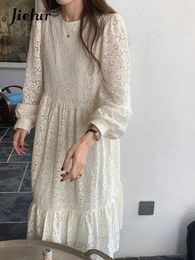 Casual Dresses French Hollow Out Lace Chicly Women Dress O-Neck Loose Woman Sweet And Elegant Ladies Female