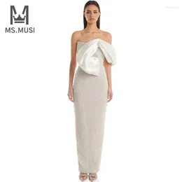Casual Dresses MSMUSI 2024 Fashion Women Sexy Off The Shoulder One Pearl Beading Sleeveless Bodycon Party Club Event Maxi Dress