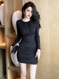 Casual Dresses Spring Mini For Women Black Red Solid Elegant Sexy Vestidos Pleated Bodycon Skinny Bright Sequins Femme Party Clothing