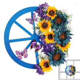 Decorative Flowers Spring Wreath Creative Wooden Wheel Shaped Front Door Decoration Artificial Durable Sunflowers Realistic Simulated