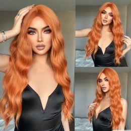 Wigs Copper Ginger Orange Long Water Wave Synthetic Wigs with Bangs for Women Cosplay Party Curly Wave Hair Wig Heat Resistant Fibre