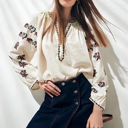 Women's Blouses Women Shirt Floral Embroidery Buttons Long Sleeve Bohemian