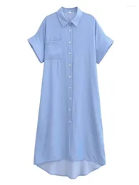 Party Dresses YENKYE 2024 Women Blue Denim Shirt Dress Vintage Lapel Collar Short Sleeve Female Casual Loose Summer Robe