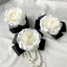 Brooches Korean Fabric Camellia Flower Brooch Pin Ribbon Bow Pearl Corsage Lapel Pins Cardigan Suit Badge For Women Jewelry