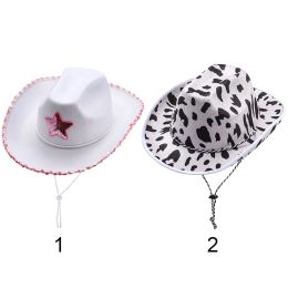 Women Girls Neck Draw String Play Dress-Up Adult Size White Cowgirl Hat Cow Girl Hat Cowboy Hat Pink Star