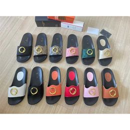 38% OFF Designer Wearing metal flat heeled flip flops on the outside of slippers summer toe cowhide sandals G round buckle womens shoes