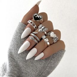 Vintage Punk Metal Multi Element Ring Set For Women Men Antique Silver Colour Butterfly Snake Skull Finger Rings Gothic Jewellery