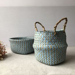 103BL Wave Pattern Middle Diameter 35 Mat Straw Storage Basket Folding Multifunctional Flower Basket Folk Crafts