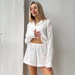 Home Clothing 2024 Spring Fashion Love Print Women's Pajamas 2Pcs Set Casual Soft Wear Cardigan Long Sleeved Shorts Ladies Loungewear