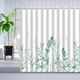 Shower Curtains Fabric Curtain With Hook Green Eucalyptus Watercolour Flower Pattern Plant Art Bouquet Branch Decor Bathroom Screen Leaves