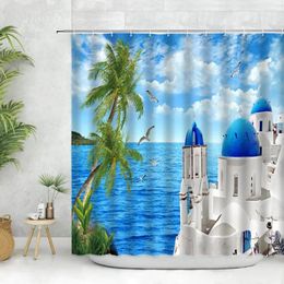 Shower Curtains Ocean Scenery Curtain Hooks Blue Greek Town Palm Tree Plant Landscape Wall Decorate Bathroom Bathtub Screen Set