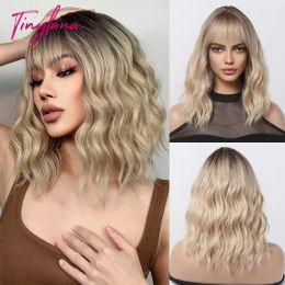 Wigs Dirty Ash Blonde Short Wavy Bob Synthetic Hair Wigs with Bangs for Women Lolita Cosplay Daily Natural Ombre Wig Heat Resistant