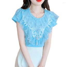 Women's T Shirts Round Neck Short-Sleeved T-shirt Summer Top 2024 Unique Design Chic Lace Beaded Tassel Tshirt Blue Tee