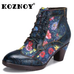 Boots Koznoy Leather Womans Boots 6cm with Print Genuine Plush Ethnic Chunky Heel Spring Autunm Winter Comfy Warm Big Size Ankle Shoes