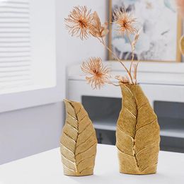 Vases Nordic Style Golden Leaves High-end Home Ceramic Vase Light Luxury Living Room Decorations Crafts Ornaments Flower Sticks