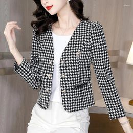 Women's Suits S-4XL Women Blazer Jacket Short Houndstooth Plaid Slim Loose Spring Autumn Casual Office Work Plus Size Black White