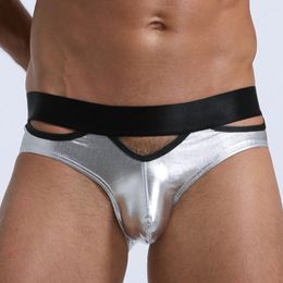 Underpants Men's Imitation Leather Hollow Out Panties Underwear Sexy Erotic Reflective Breathable Solid Brand HIGH Quality