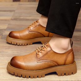 Dress Shoes Thick Sole Leather For Men British Style Brogue Fashion Round Toe Lace-up Casual Platform