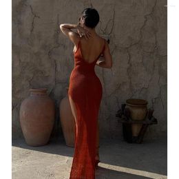 Kintted Cover Up Beach Sexy See Through Maxi Slit Bodycon Summer Dress Bikinis Cover-ups Backless Elegant Halter Beachdress