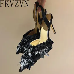 Sandals Fashion Crystals Ruffles Women Sexy Pointy Toe Shoes Slip On Silk Slingbacks Rhinestones Bowties High Heels Woman