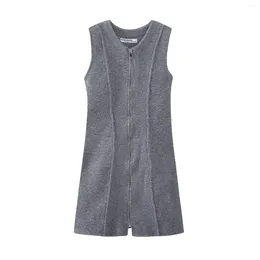 Casual Dresses Sleeveless Knitted For Women Grey Bodycon Mini Dress Woman Fashion Zip Up Short Fall Elegant Party