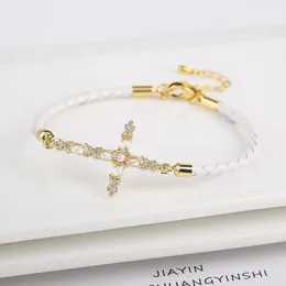 Charm Bracelets Classic Religious Crystal Zirconia Cross Adjustable Fashion Leather Rope Braided Bracelet Charms For Men Women Jewellery Gifts