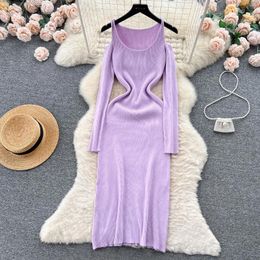 Casual Dresses Fashion Girls Round Neck Off Shoulder Long Sleeve Knitted Dress For Women's Elastic Slim Fit Bodycon Autumn