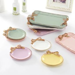 Decorative Figurines European Style Bow Resin Jewellery Storage Tray Dessert Plate Candy Dry Fruit Snack Dish Makeup Organiser Home Decor