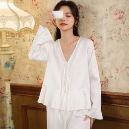 Home Clothing Women Pajama Sets Ruffles Long Sleeve Top&Pants Sleepwear Sexy V-neck Pijama Nightwear Vintage Court Satin Loungewear Wear