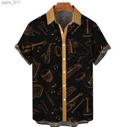 Men's Casual Shirts Hawaiian mens short-sleeved shirt dark gold musical instrument print mens lapel casual top loose large size mens shirt 240402