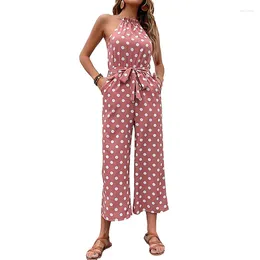 Women's Pants Qybian Women Polka Dot Print Jumpsuits Halter Neck Sleeveless Rompers Wide Leg With Belt