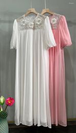 Party Dresses Top End Women Gorgeous Silk Handmade Beading Embroidered Short Sleeve Maxi Dress Elegant Lady O-neck Long Female Prom Gown