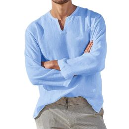 Cotton Linen Men Shirt Brief Breathable Comfy Solid Colour Long Sleeve V neck Casual Blouse Hawaiian Shirt Oversize Tops 240329