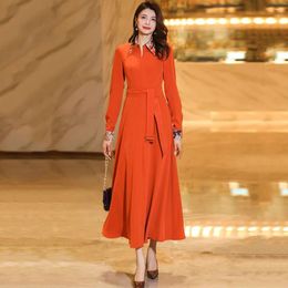 Casual Dresses Women Spring Autumn Mid-Calf Dress Fashion Print Patchwork Long Sleeve Slim Elegant Exquisite Orange Red