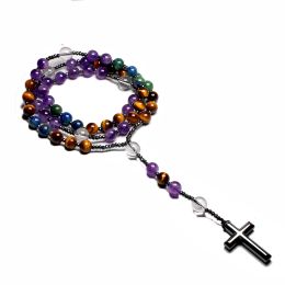 Necklaces Natural Amethyst Catholic Christ Rosary Necklaces For Women Men Tiger Eye Hematite Cross Pendant Meditation Mala Jewellery