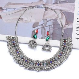 Necklace Earrings Set 2024 Vintage Silver Plated Metal Statement Women Fashion Beads Large Collar Choker Sets Femme