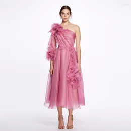 Casual Dresses Elegant Rose Pink A-line Women Maxi One Shoulder 3D Flower Mid Calf Female Gowns To Event Party