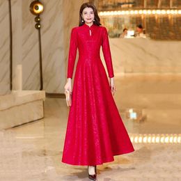 Casual Dresses Women Chinese Style Overlength Dress Spring Autumn Fashion Chi-pao Collar Long Sleeve Slim Elegant Red