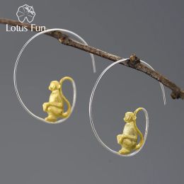 Earrings Lotus Fun 18K Gold Cute LongTailed Monkey Big Round Hoop Earrings for Women Real 925 Sterling Silver 2022 Trendy Fine Jewellery
