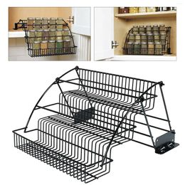 Kitchen Storage 3 Tiers Pull Down Spice Rack Retractable Seasoning Jar Shelf Metal