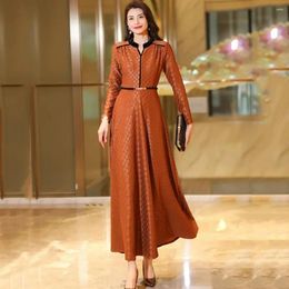 Casual Dresses Women Spring Autumn Overlength Dress Fashion Patchwork Small V-Neck Long Sleeve Slim Elegant Orange Houndstooth