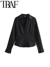 Women's Blouses Elegant Women Tunic Blouse 2024 Spring V Neck Long Sleeve Buttons Slim Black Shirt Office Female Crop Top Y2K