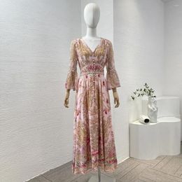 Casual Dresses Collection Pink Floral Print Long Sleeve V-neck Oversize Pullover Stretchable Waist At Back Women Silk Midi Dress